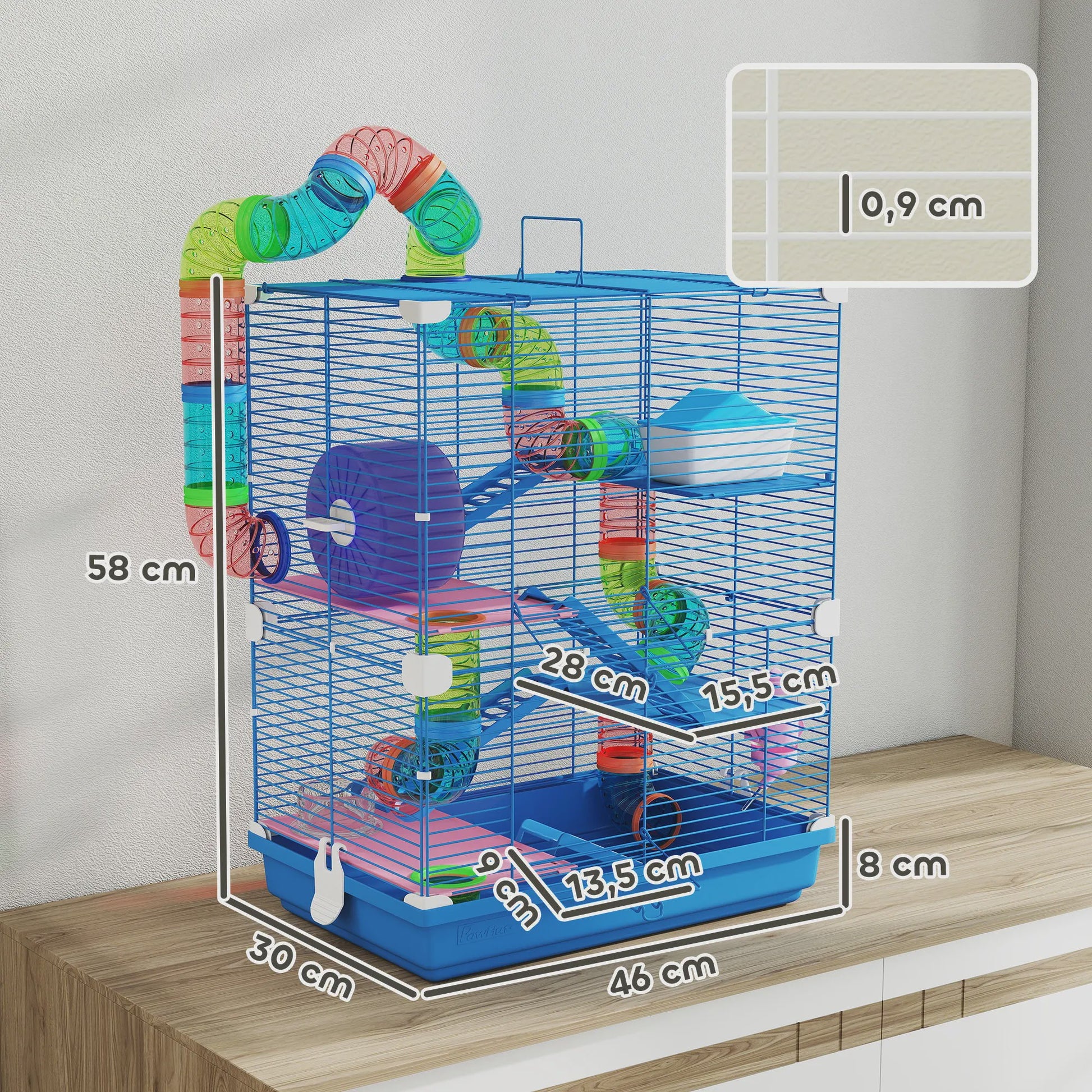 Ruime Hamsterkooi met Tunnels, Platforms, Wieltje en Accessoires (46x30x58 cm)