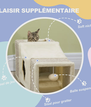 PawHut Katten Tunnel Speelgoed met Hangende Bal en Sisal - 98x30x30 cm Crème