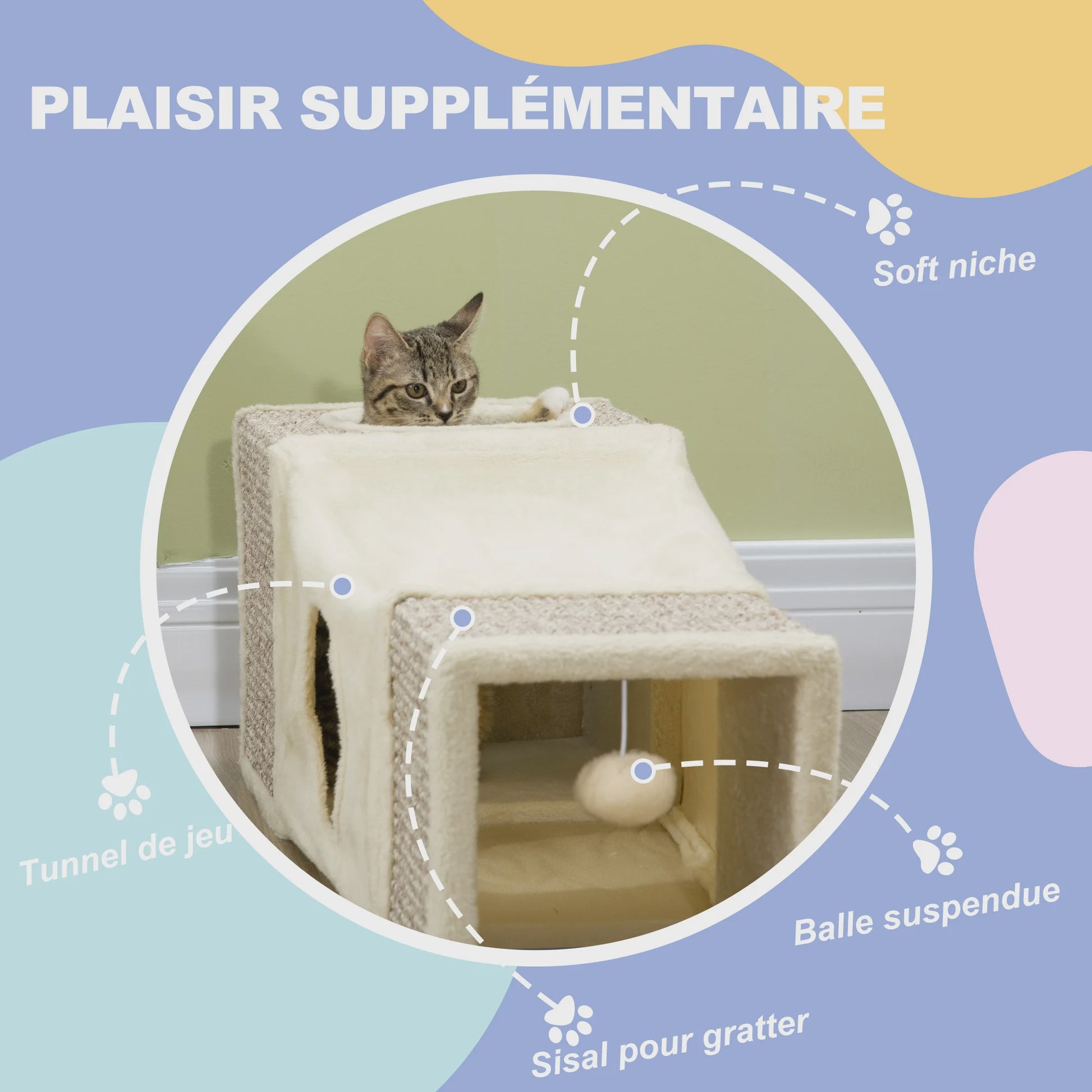 PawHut Katten Tunnel Speelgoed met Hangende Bal en Sisal - 98x30x30 cm Crème