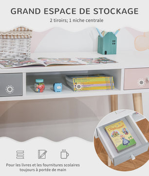 Scandinavisch Kinderbureau met Lade en Opbergvak - Wit/Grijs/Roze - 100x48x76.5 cm