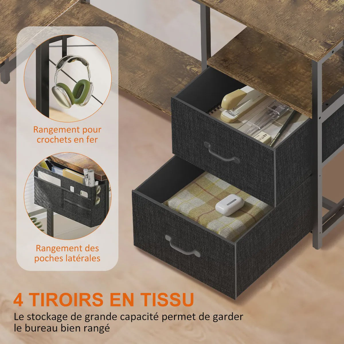 L-Hoekbureau met LED, 3 Stopcontacten, 2 USB-poorten, 2 Laden & Monitorstandaard