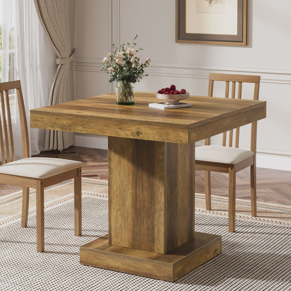 Rustieke Houten Eettafel Vierkant 31.5 Inch met Pootonderstel - Geschikt voor 4 Personen