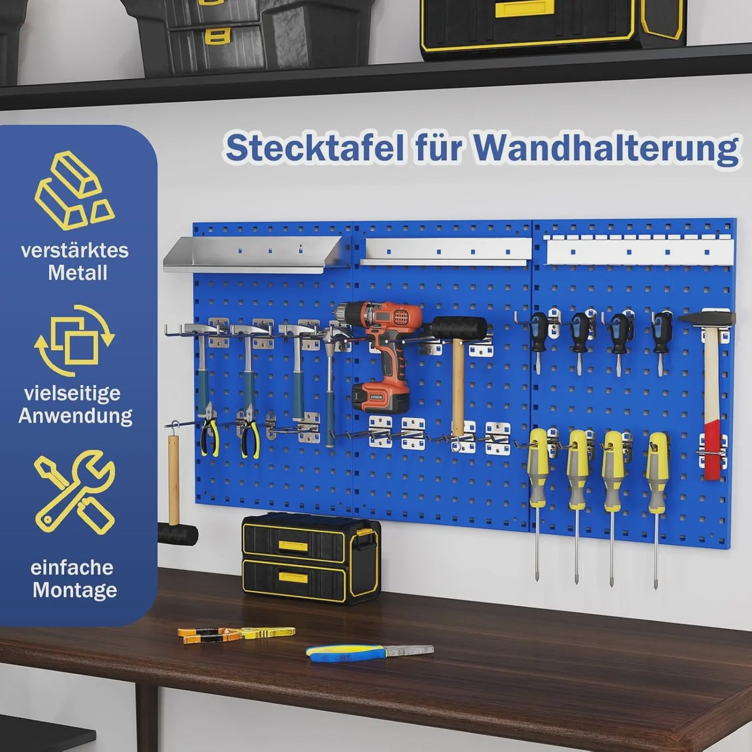 Blauwe Gereedschapswand met 3 Pegboards en 28 Delige Accessoireset - Geperforeerd Ophangsysteem