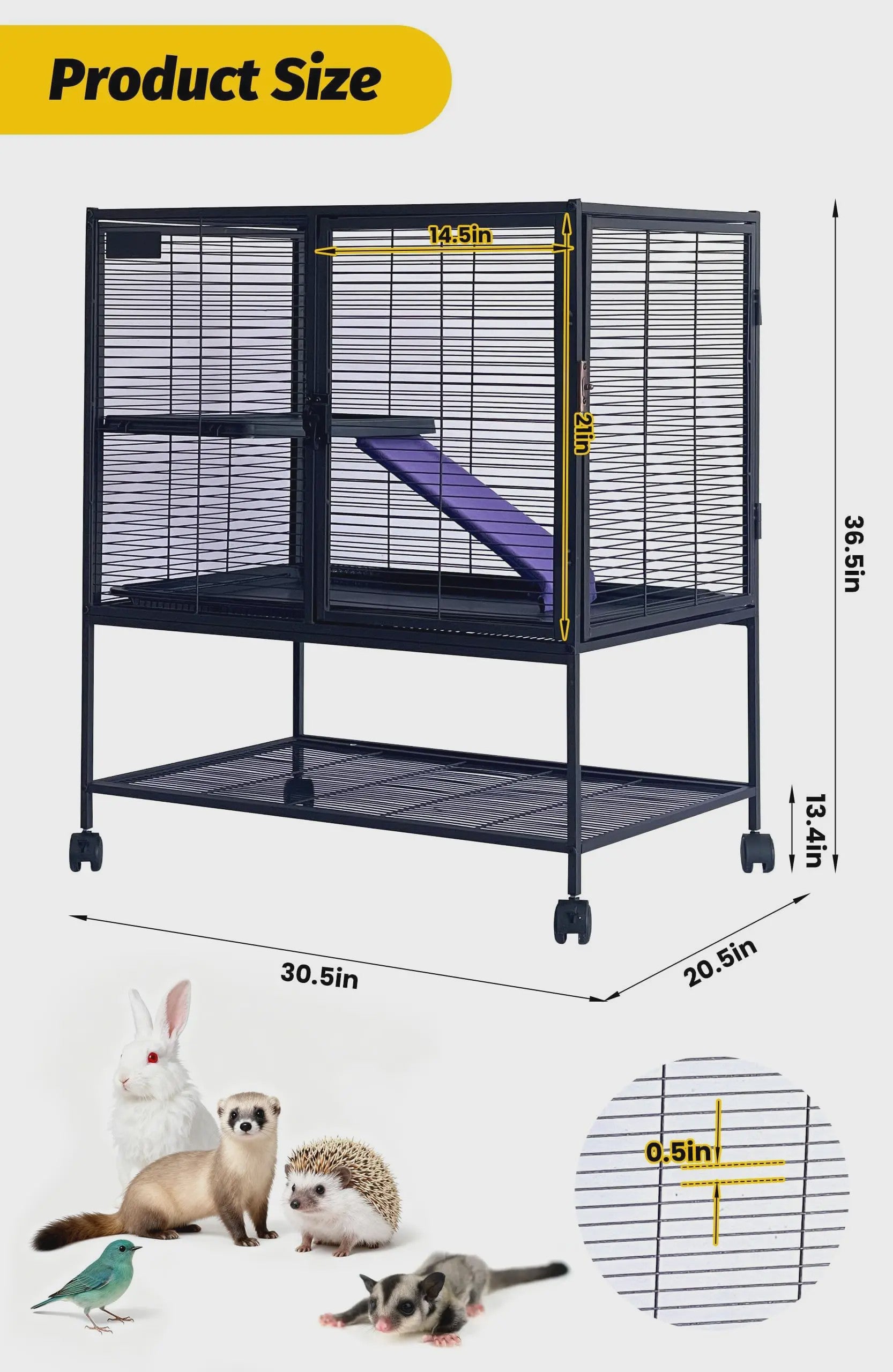 Ruime Multi-Level Kooi voor Kleine Dieren - 91 cm Hoog, Met Plateaus, Helling & Opbergruimte