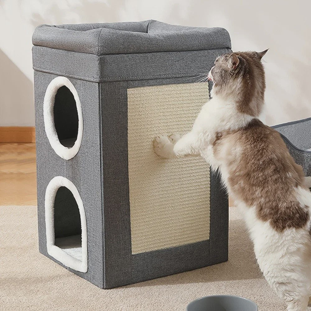 2-Laags Kattenhuis met Krabpaal en Hangend Speeltje - Comfortabel & Veilig