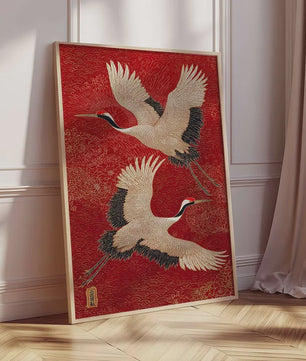 Japanse Kraanvogel Wanddecoratie - Rode en Gouden Oosterse Vogelprint