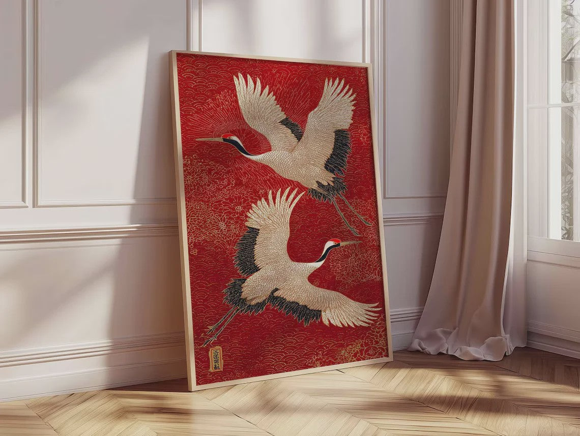 Japanse Kraanvogel Wanddecoratie - Rode en Gouden Oosterse Vogelprint