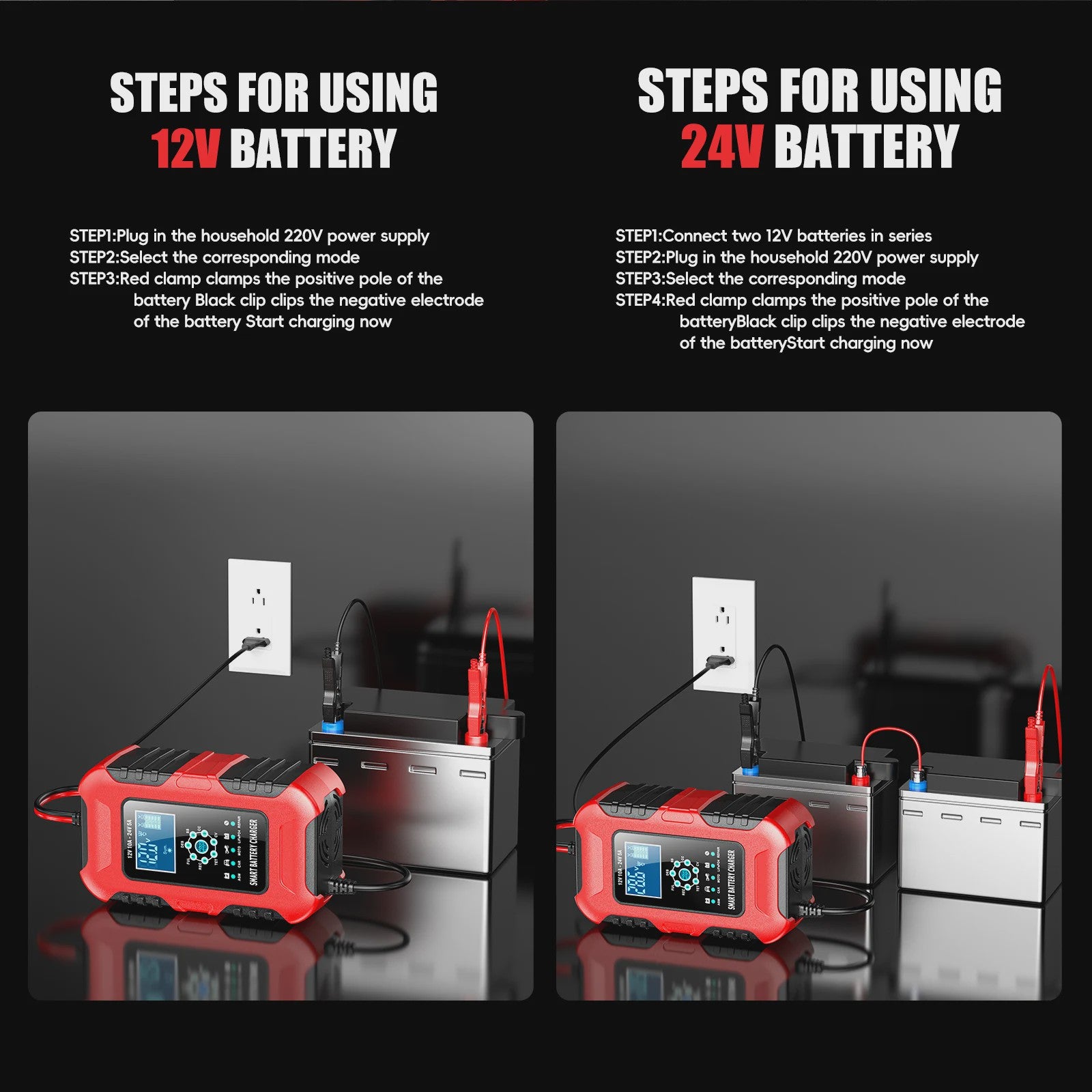 Slimme 12V/24V Acculader met LCD Display en Reparatie Modus