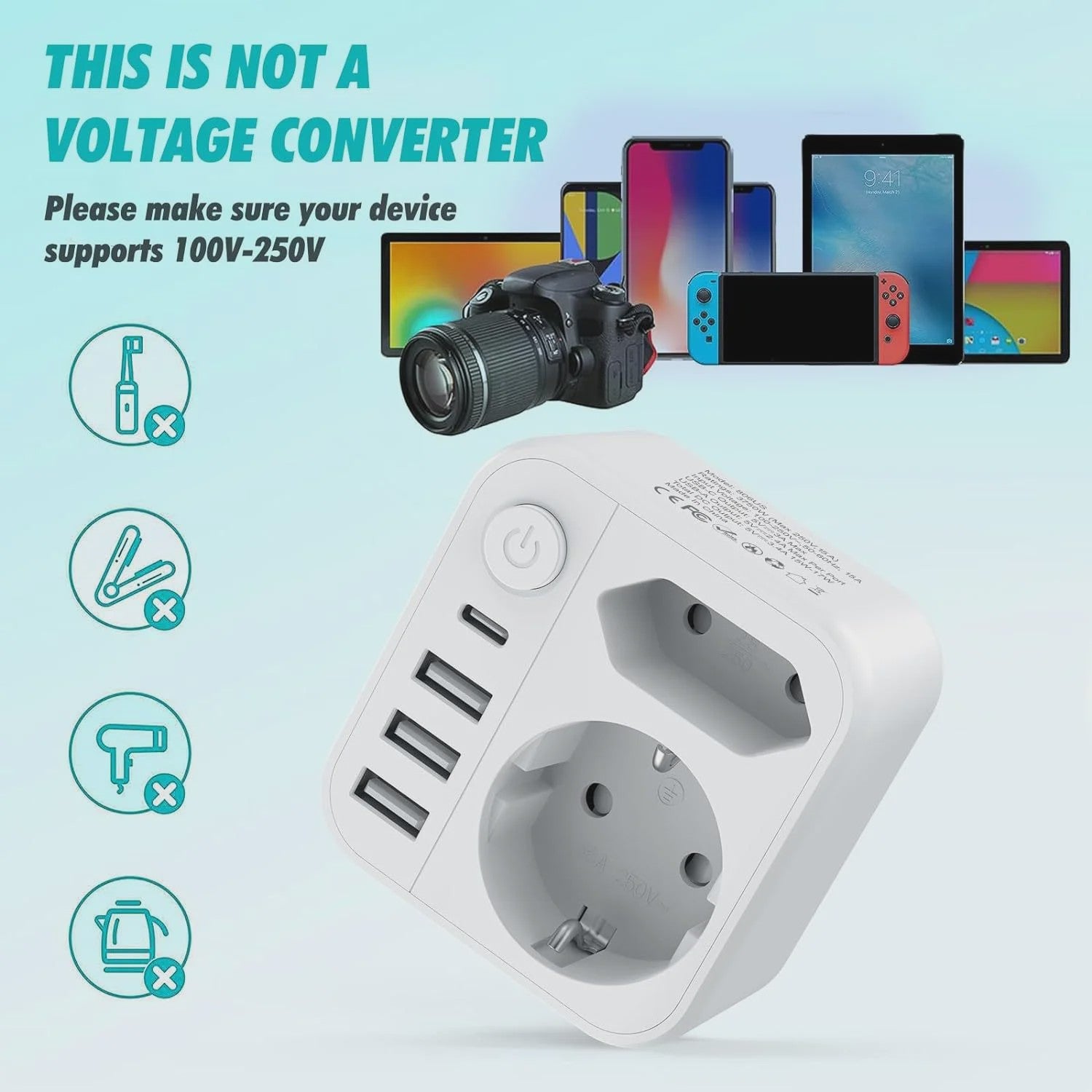 Universele Stekkerdoos met 3 USB, 1 Type-C en 2 AC-poorten - Snel Laden & Kindveilig