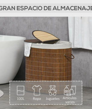 Homcom Bamboe Wasbox met Deksel en 2 Compartimenten - 100L