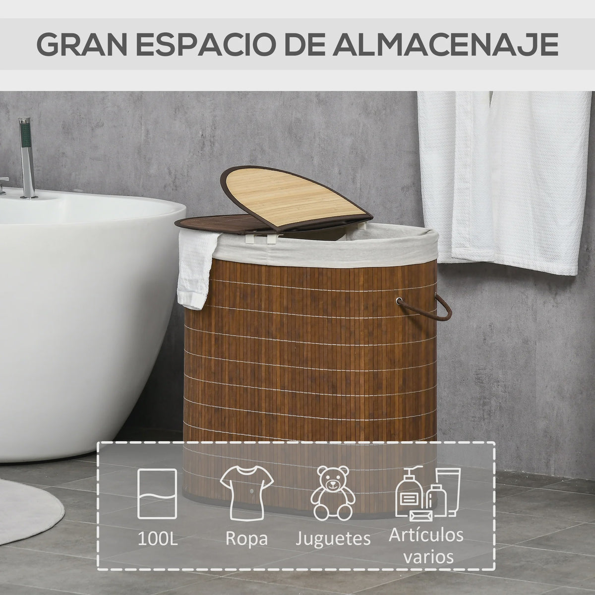 Homcom Bamboe Wasbox met Deksel en 2 Compartimenten - 100L