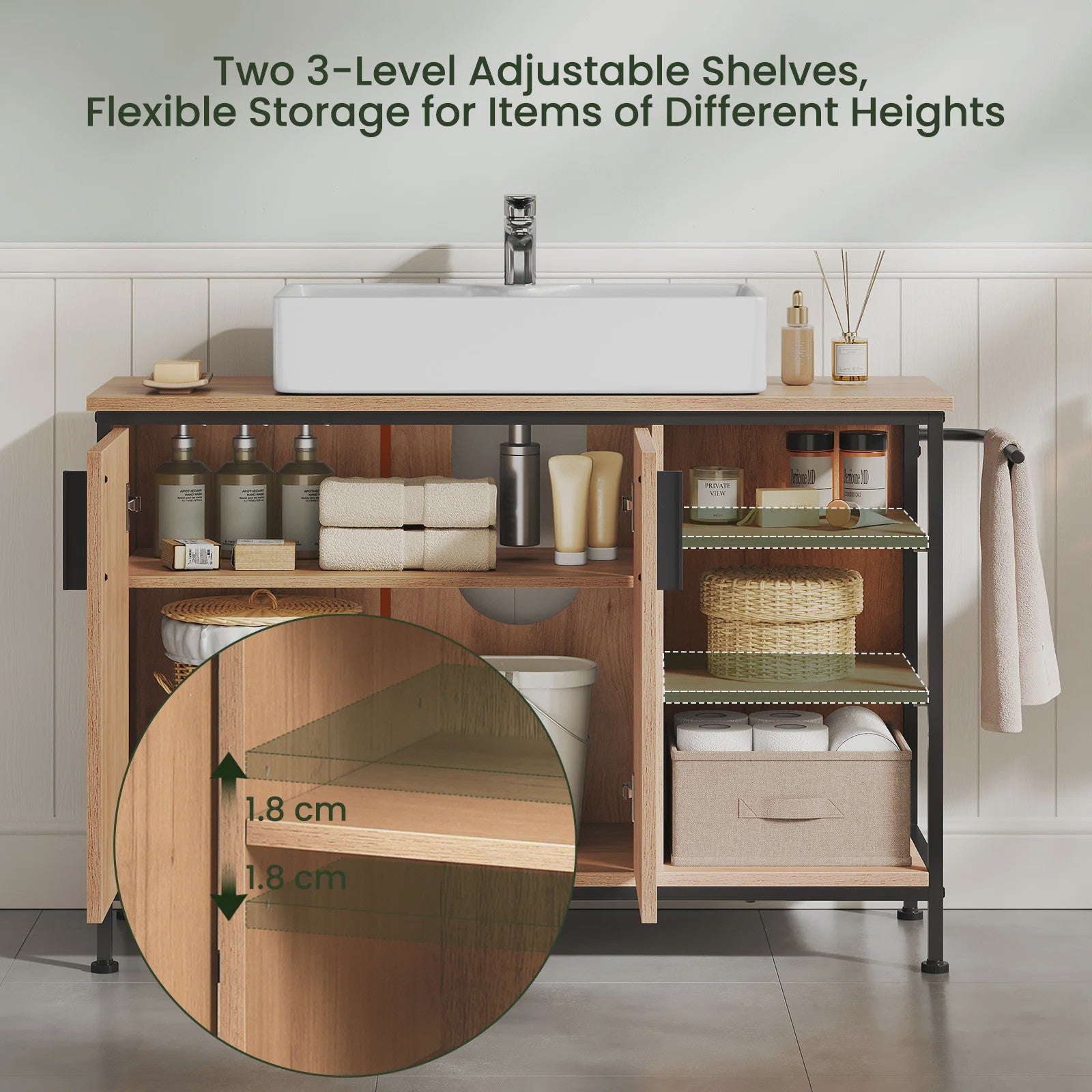 EUGAD Onderbouw Wastafelmeubel met Handdoekhouder - 90x30x60 cm - Houtkleur