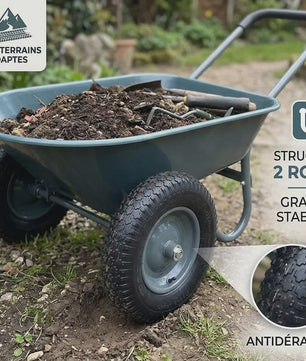 Stevige 2-wiel kruiwagen voor tuin en buiten – 120 kg capaciteit, ijzeren bak & kunststof
