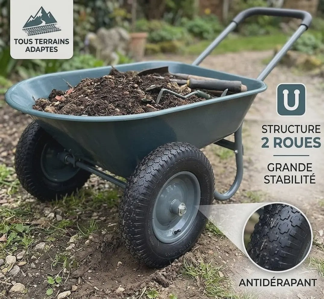 Stevige 2-wiel kruiwagen voor tuin en buiten – 120 kg capaciteit, ijzeren bak & kunststof