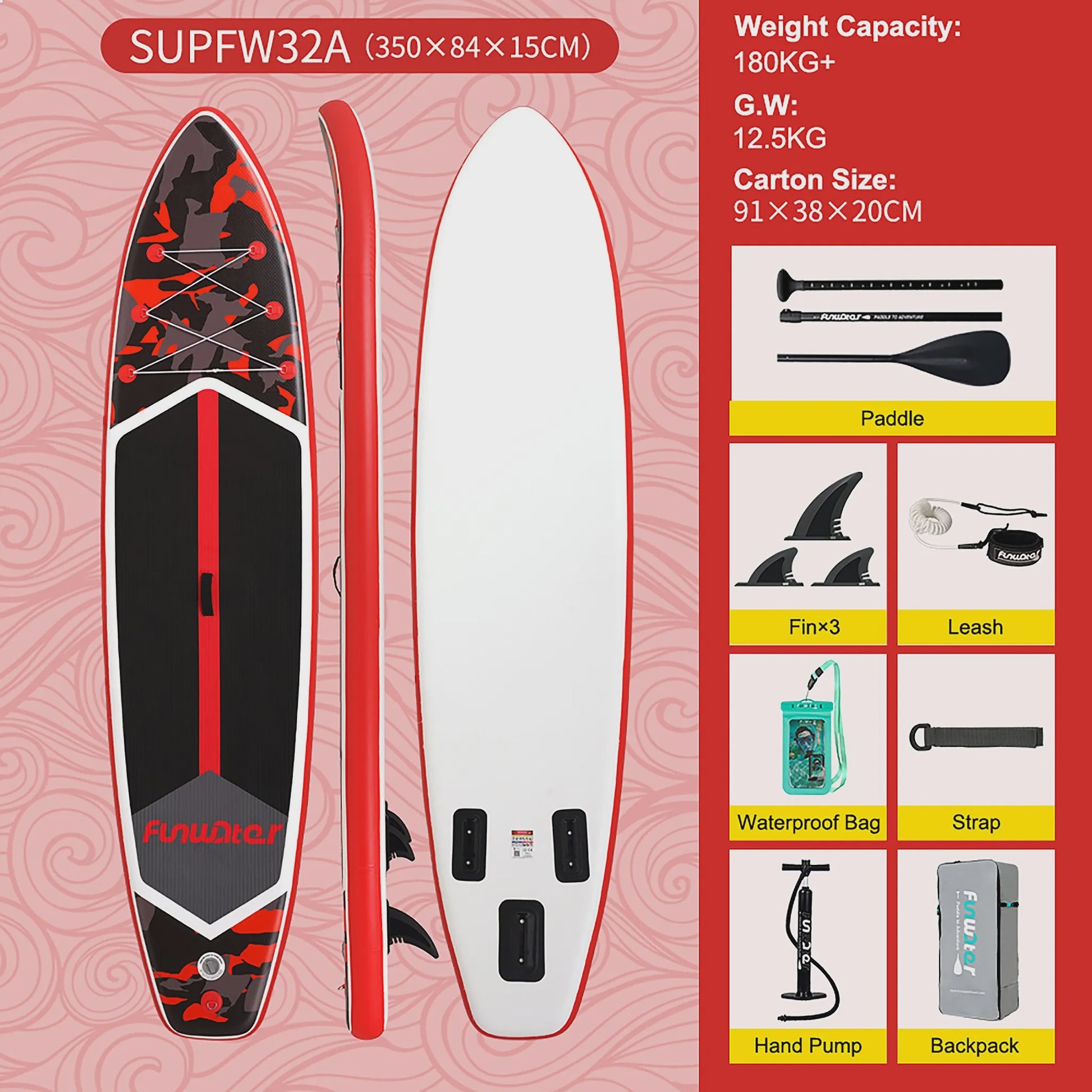 Opblaasbaar SUP Board 350cm - Extra Breed & Stabiel - 205kg Max Belasting - Voor Oceaan & Water Surfen