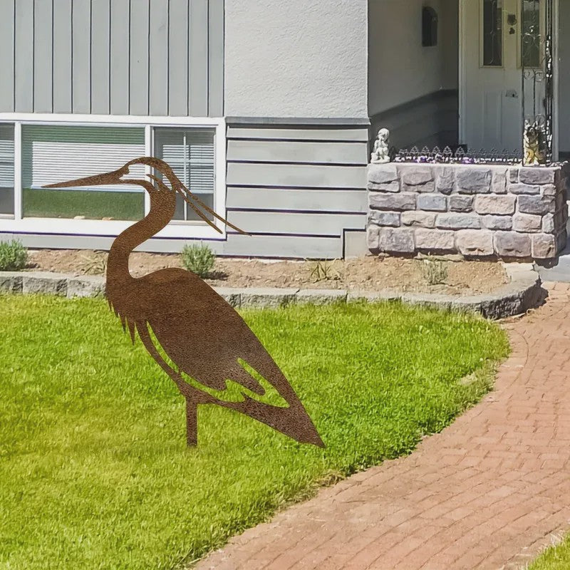 Roestkleurige Metalen Reiger Tuinbeeld - Stijlvolle Vogel Sculptuur voor Buiten