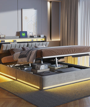 Luxe Dubbel Bed met LED Verlichting, USB-poorten en Opbergruimte - Velvet Stof
