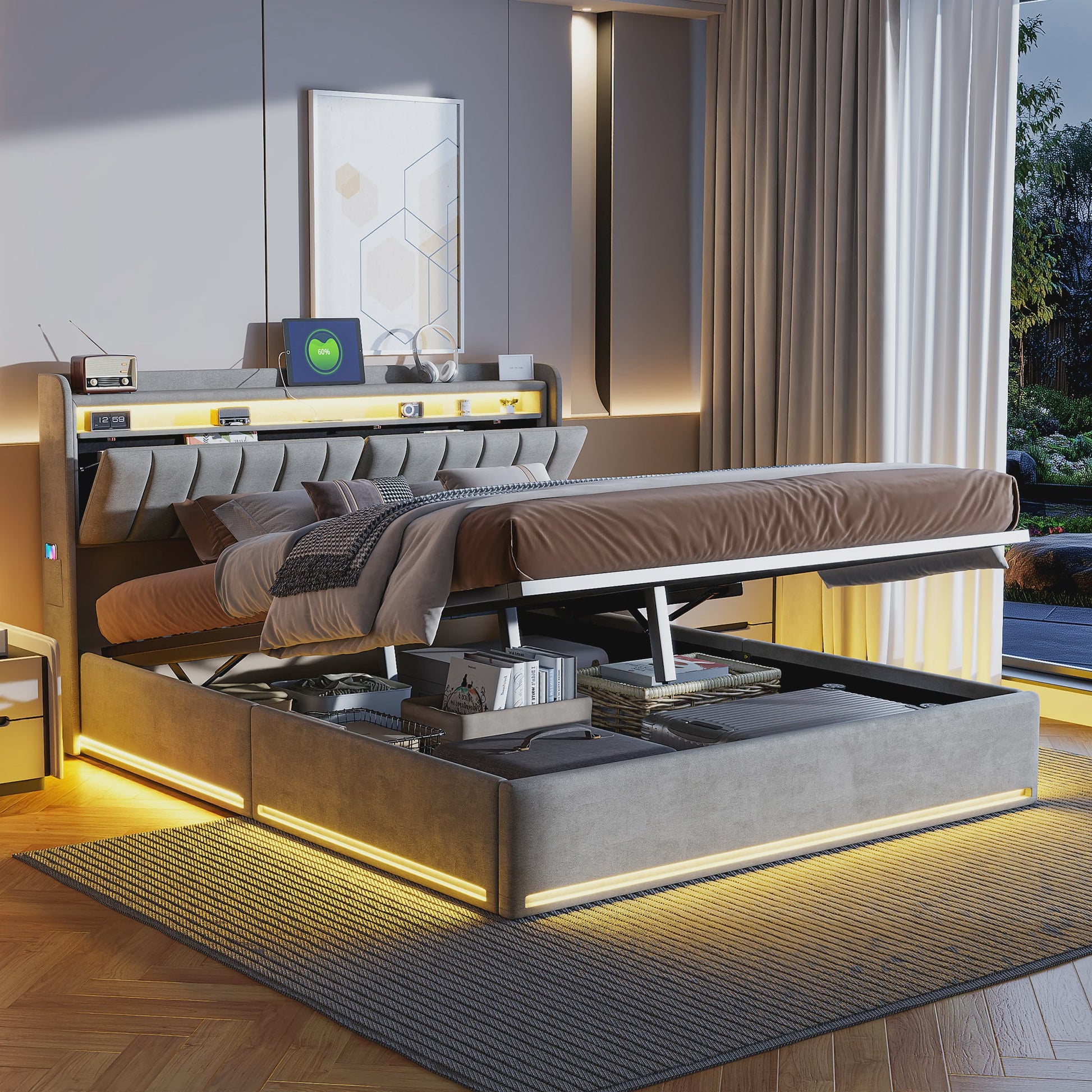 Luxe Dubbel Bed met LED Verlichting, USB-poorten en Opbergruimte - Velvet Stof