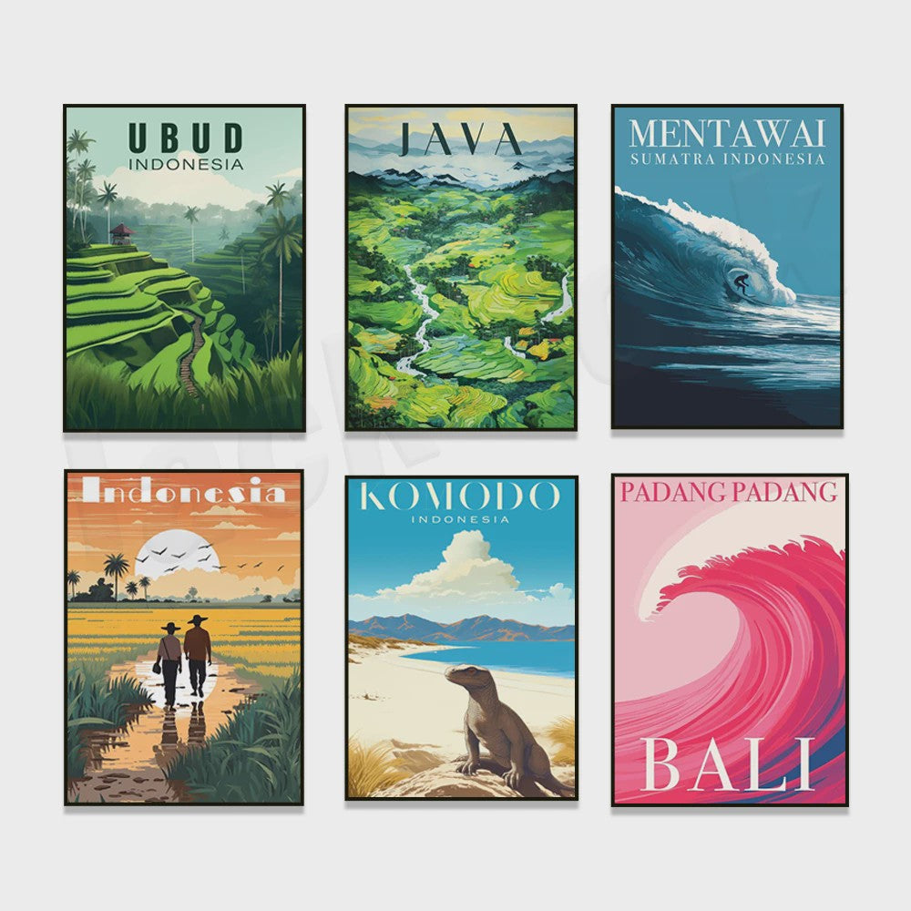 Indonesië Reisposters: Bali, Java, Komodo & Meer - Wanddecoratie Set
