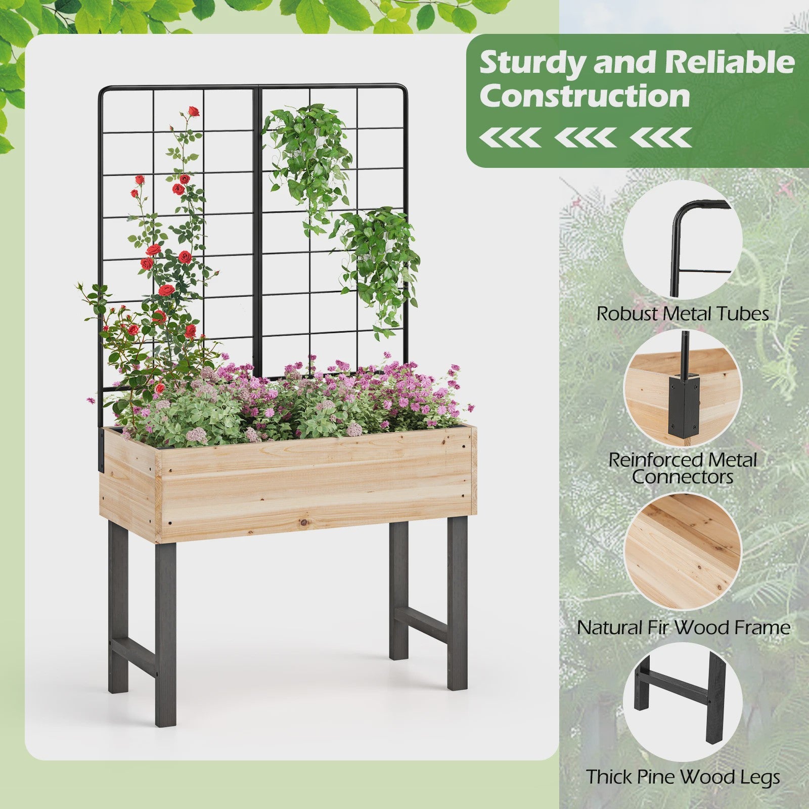Verhoogd Houten Bed met Trellis - Bloembak voor Klimplanten en Bloemen