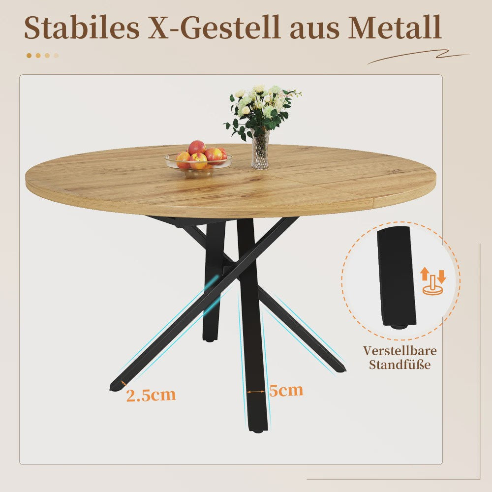 Uitschuifbare Ronde Eettafel met Marmerlook - 100-140cm - X-vormig Metaalframe