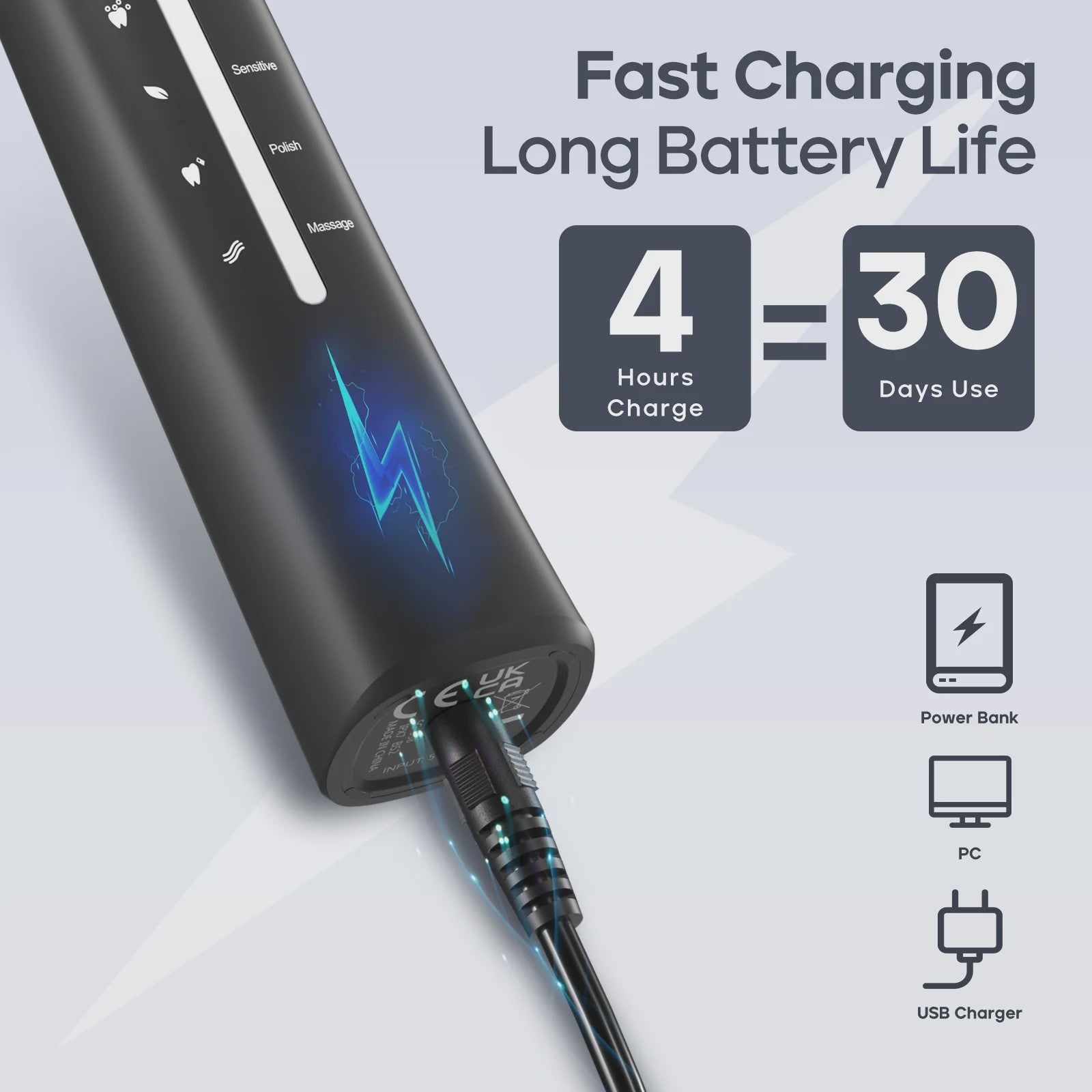 Seago Elektrische Tandenborstel met 10 Opzetborstels - USB Oplaadbaar, 5 Modi
