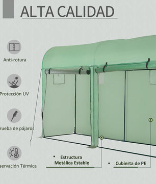 Outsunny Greenhouse Tunnel Garden Shed Greenhouse with 4 Windows and 2 Doors Made of Pe and Steel 300X100X200 cm Green