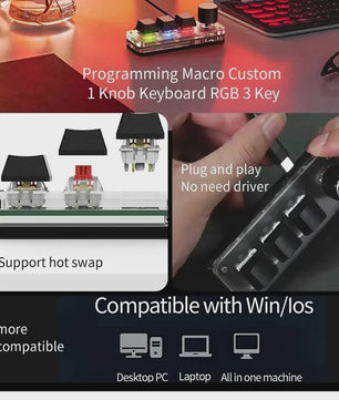 Programmeerbaar Mini Mechanisch Toetsenbord met 3 Toetsen, 1 Draaiknop & RGB - Ideaal voor Gaming & Design