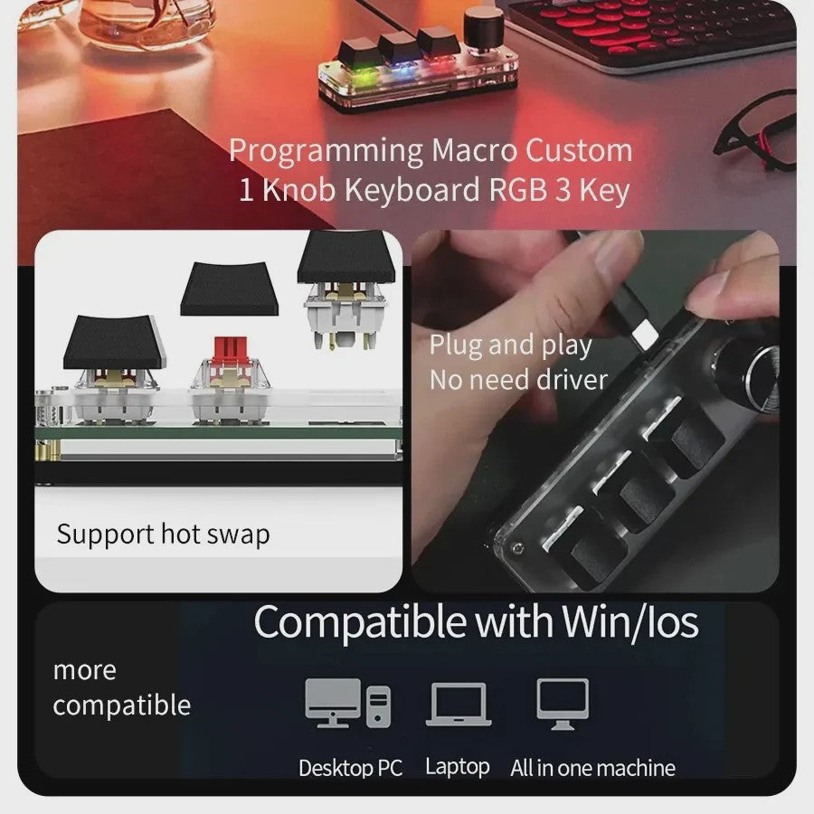Programmeerbaar Mini Mechanisch Toetsenbord met 3 Toetsen, 1 Draaiknop & RGB - Ideaal voor Gaming & Design