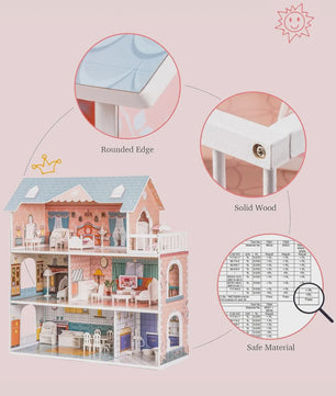 Houten Poppenhuis met Balkon - 3 Verdiepingen & 28 Accessoires - Cadeau voor Kinderen