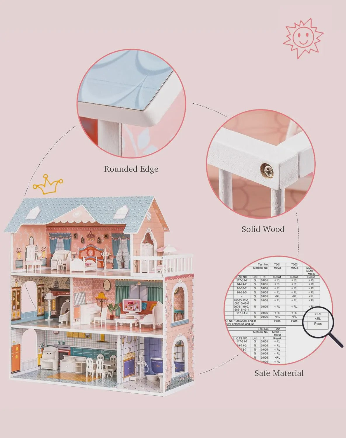 Houten Poppenhuis met Balkon - 3 Verdiepingen & 28 Accessoires - Cadeau voor Kinderen