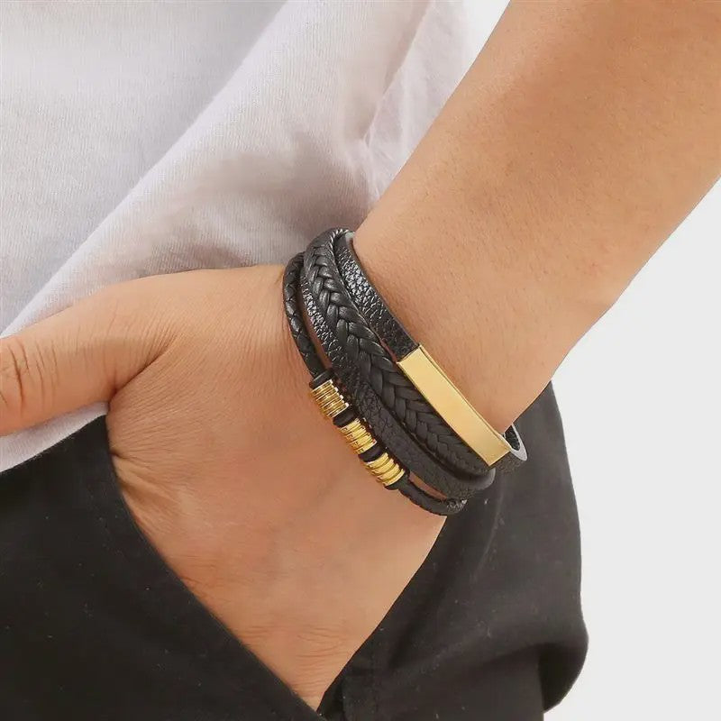 Stijlvolle Heren Armband van Gevlochten Leer - Multi-layer Fashion Accessoire