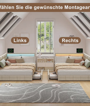 L-vormig Gestoffeerd Bed met USB, LED en Opbergruimte - Beige/Grijs