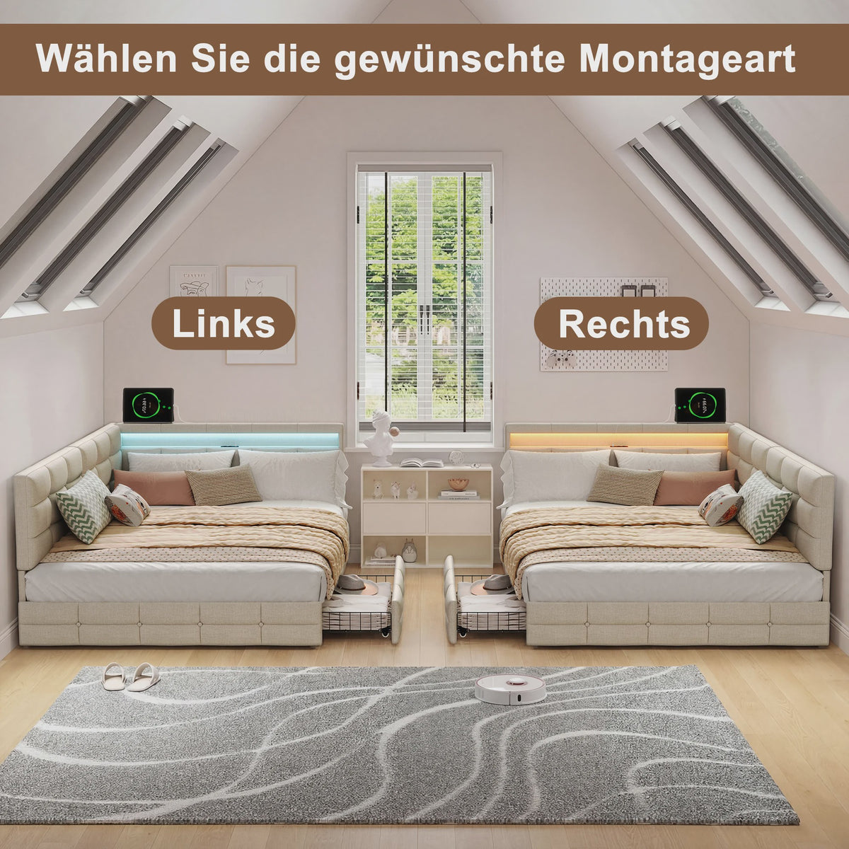 L-vormig Gestoffeerd Bed met USB, LED en Opbergruimte - Beige/Grijs