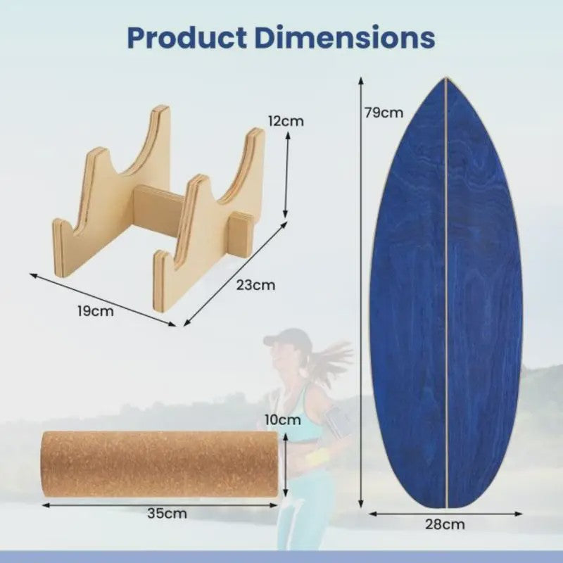 Houten Balance Board Trainer met Kurken Roller & Opbergrek - Blauw