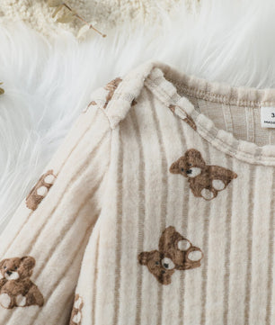 Unisex Baby Romper met Muts - Beige Beerprint - Lange Mouwen - 1-24 Maanden