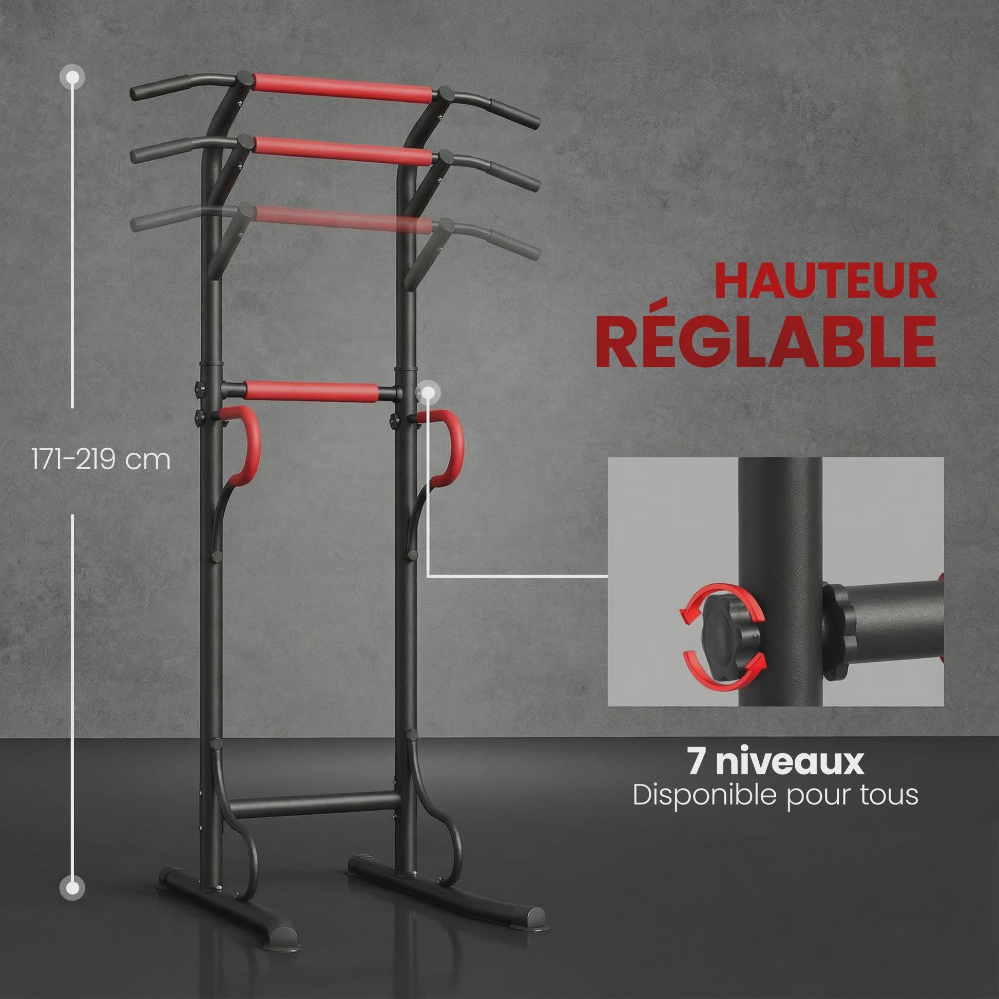 HOMCOM Multifunctioneel Bodybuilding Station - Optrekstang, Dip Station & Meer - In Hoogte Verstelbaar - Zwart/Rood