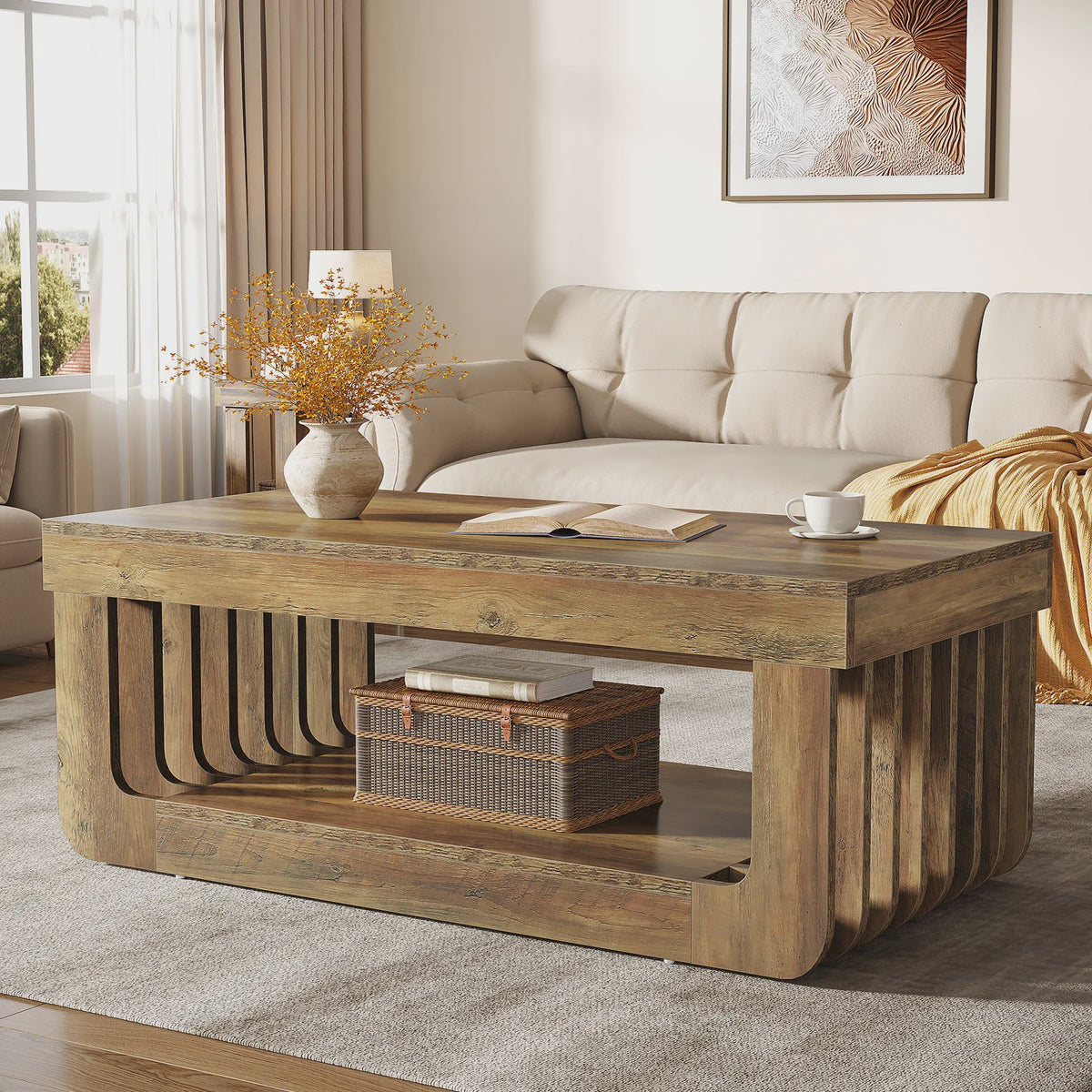 Houten Salontafel met 2 Niveaus en Opbergruimte - 120 cm Breed