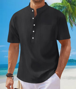 Herenshirt met Opstaande Kraag en Korte Mouwen - Katoen Linnen Mix - Casual Henley Stijl
