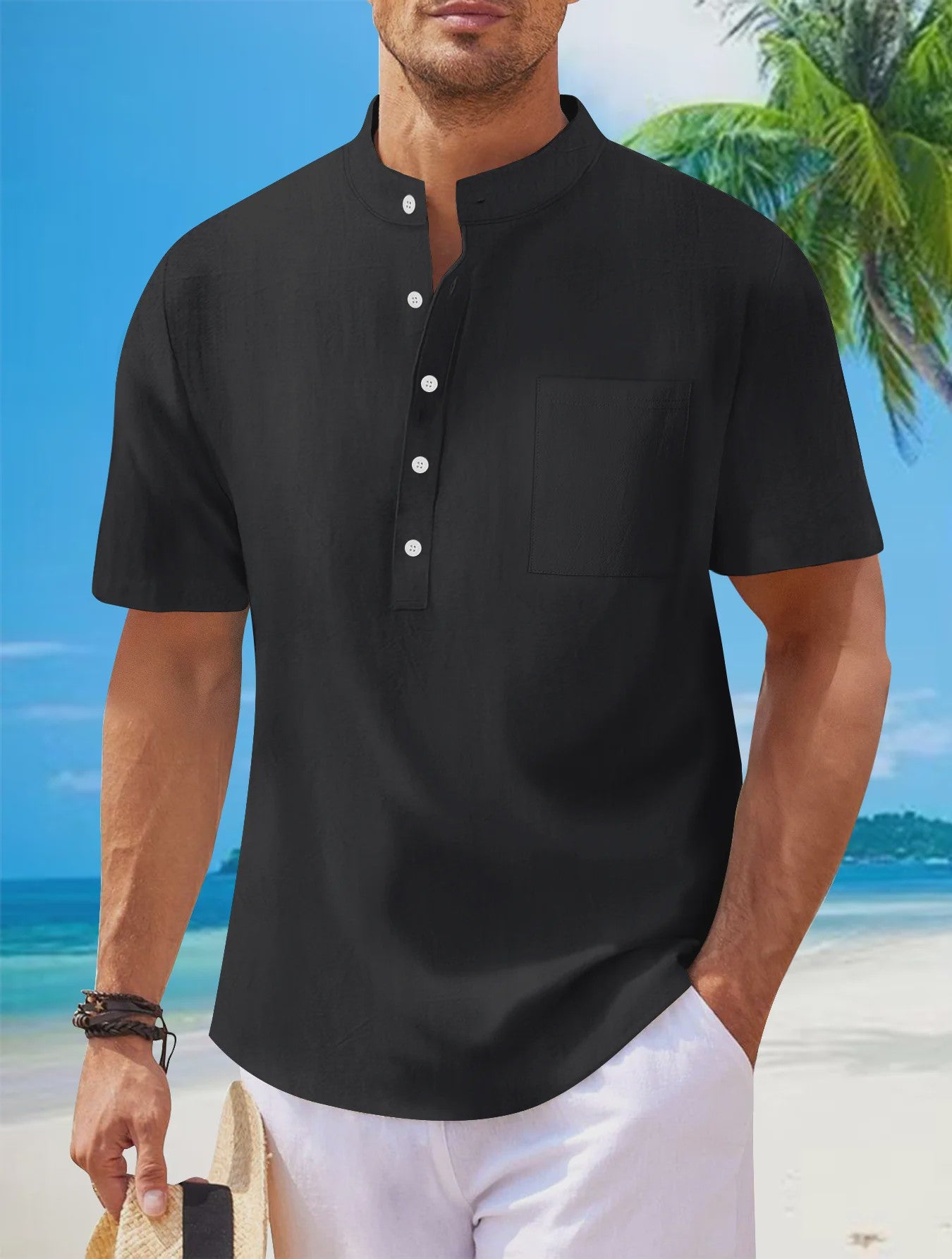 Herenshirt met Opstaande Kraag en Korte Mouwen - Katoen Linnen Mix - Casual Henley Stijl