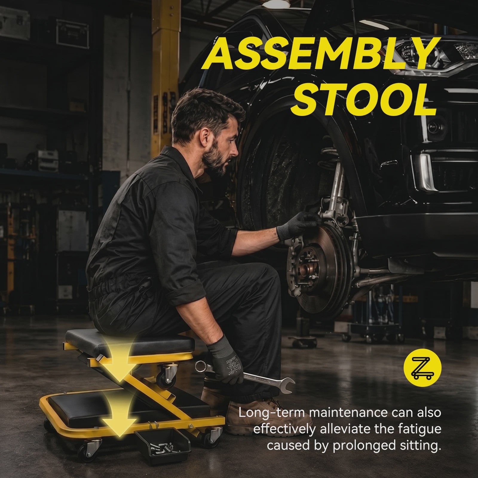 2-in-1 Werkplaatskruk & Monitortafel: Opvouwbare Autoreparatie Stoel met 360° Zwenkwielen