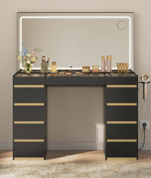 WOLTU Kaptafel met LED Spiegel, 11 Lades, Glazen Top & Oplaadpunt - Luxe Make-up Tafel