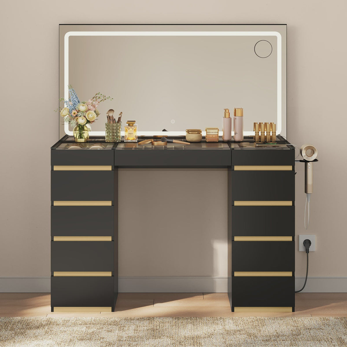 WOLTU Kaptafel met LED Spiegel, 11 Lades, Glazen Top & Oplaadpunt - Luxe Make-up Tafel