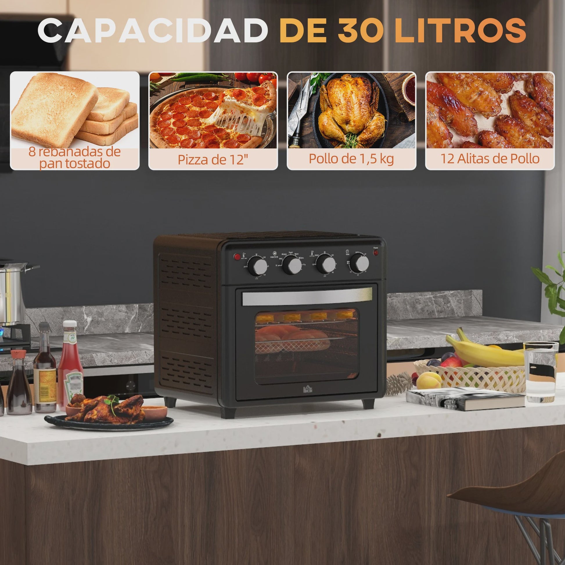 Homcom Multifunctionele Tafeloven - 30L, 1600W, Zwart