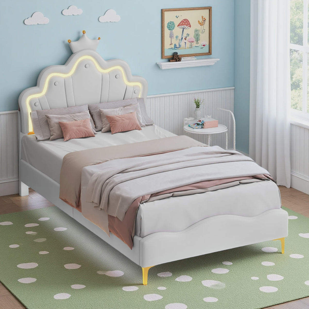 Prinsessen Hemelbed Wit 90x200cm met LED Verlichting & Kroon - Meisjesbed