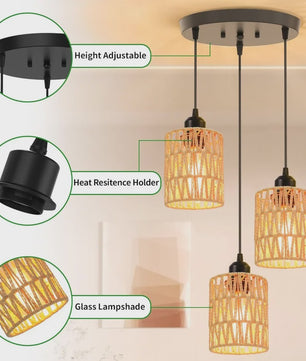3-Lichts Rotan Hanglamp - Farmhouse Boho Stijl met Wicker Kappen voor Eetkamer, Keuken & Slaapkamer