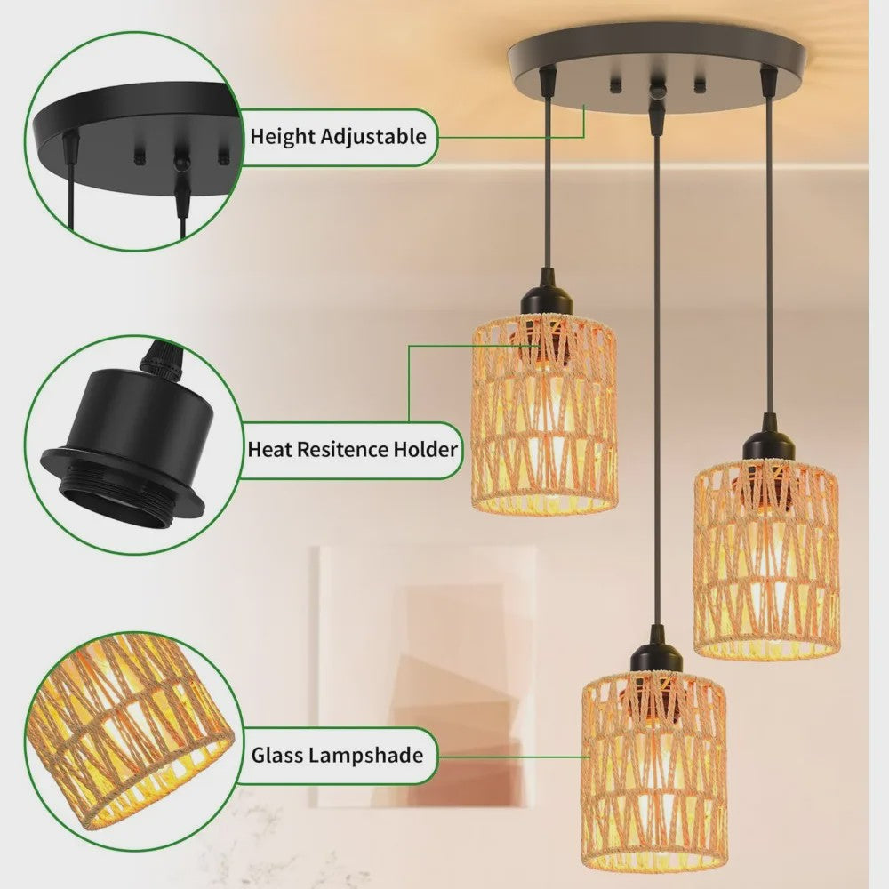 3-Lichts Rotan Hanglamp - Farmhouse Boho Stijl met Wicker Kappen voor Eetkamer, Keuken & Slaapkamer