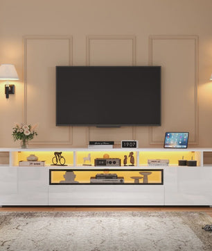 Stijlvolle TV Meubel 180cm Hoogglans Wit met LED Verlichting en 10 Opbergvakken