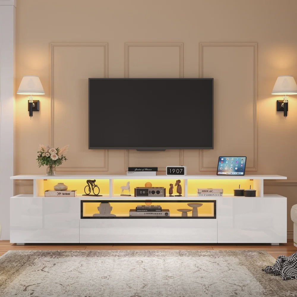 Stijlvolle TV Meubel 180cm Hoogglans Wit met LED Verlichting en 10 Opbergvakken