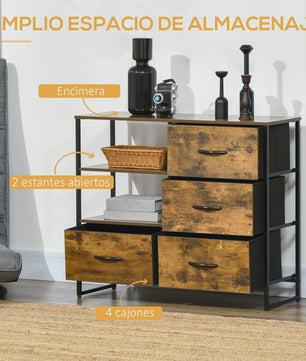 Industriële Ladekast met 4 Stoffen Lades en 2 Open Vakken - 84x30x71,5 cm